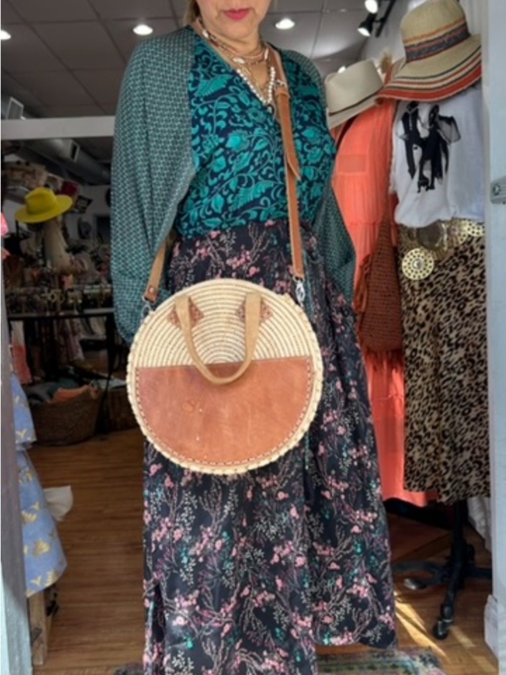 Round Woven Straw Crossbody Bag with Tan Leather Accent